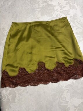 Commense Olive Green Lace-Hem Satin Skirt